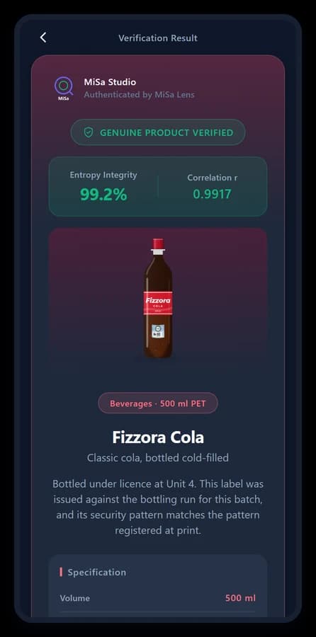 MiSa Lens result screen for Fizzora Cola · 500 ml PET