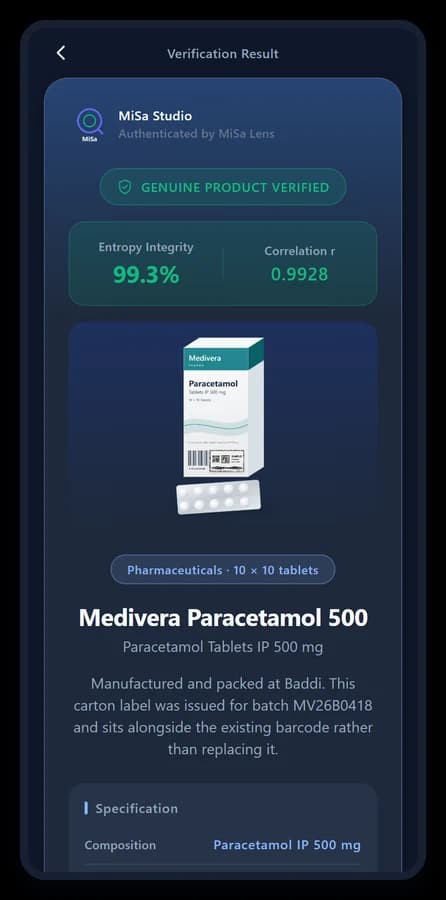 MiSa Lens result screen for Medivera Paracetamol 500 · 10 × 10