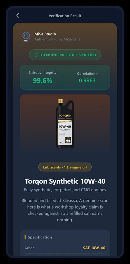 MiSa Lens result screen for Torqon 10W-40 · 1 L